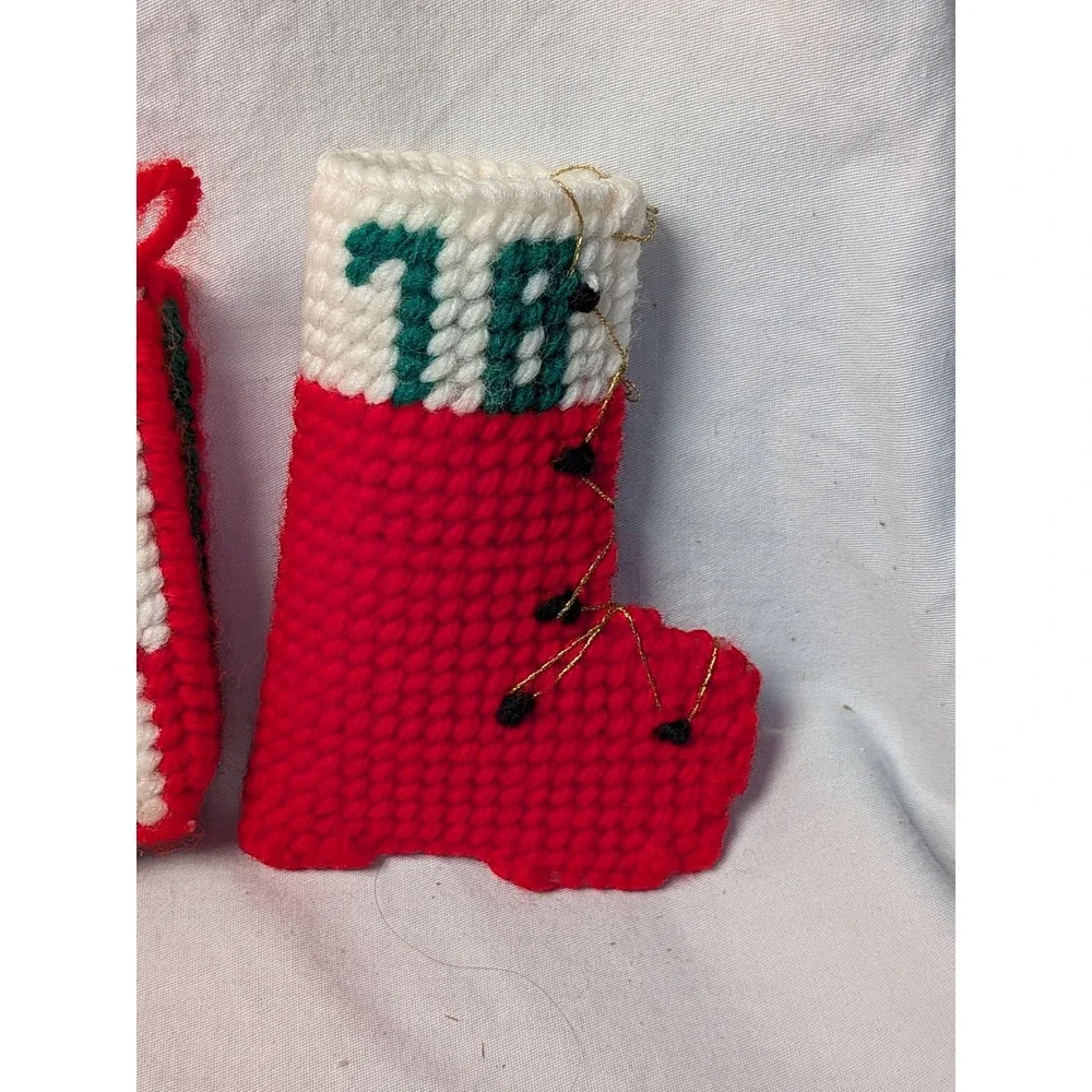 Vintage 1970s Plastic Canvas Christmas Ornaments Lot 7pc Handmade Stockings Noel
